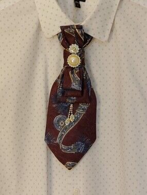 Burgundy Paisley Tie with Pearl Brooch